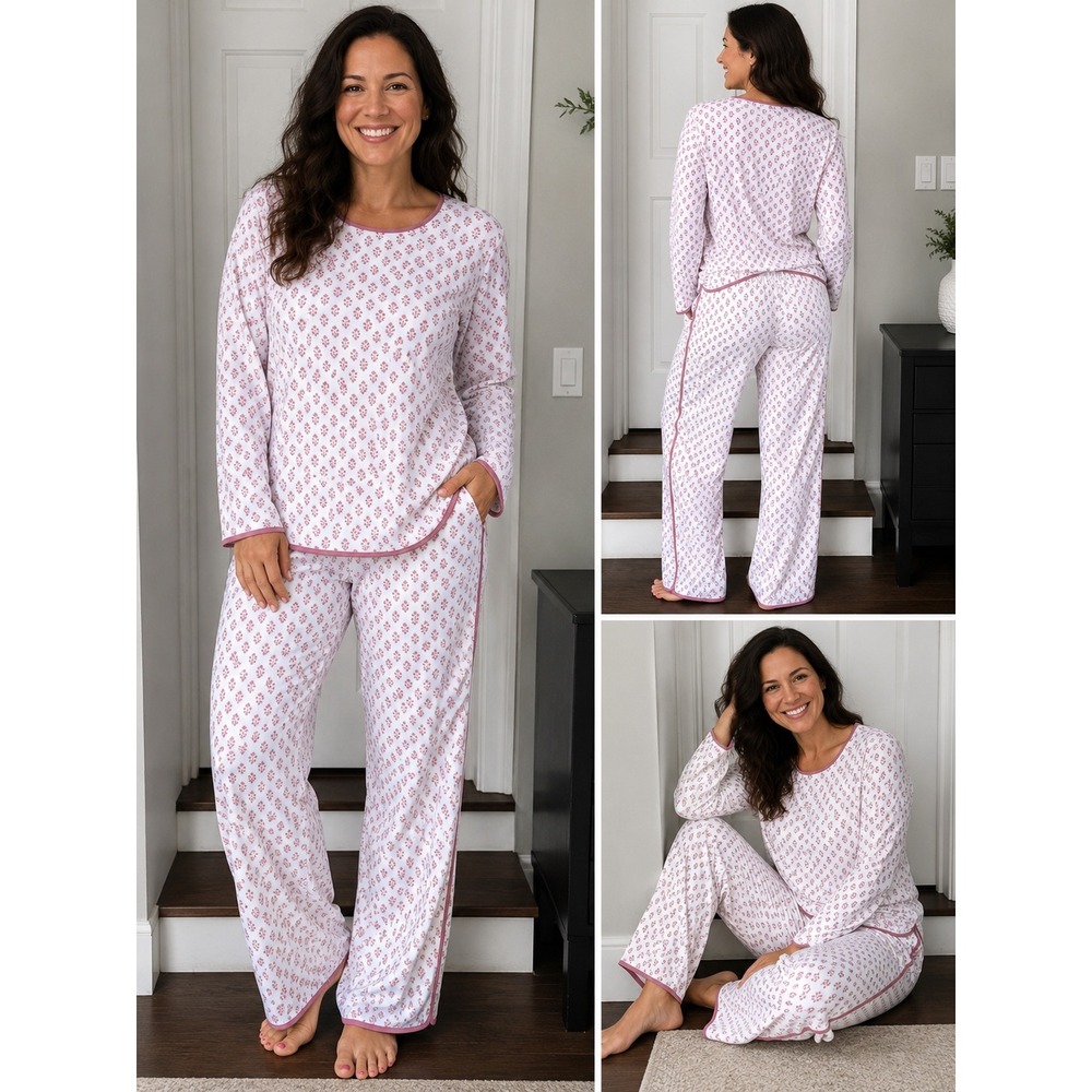 Lake Pajamas XLT Pima Cotton Long-Long Set Pink Floral Print Loungewear Nwot